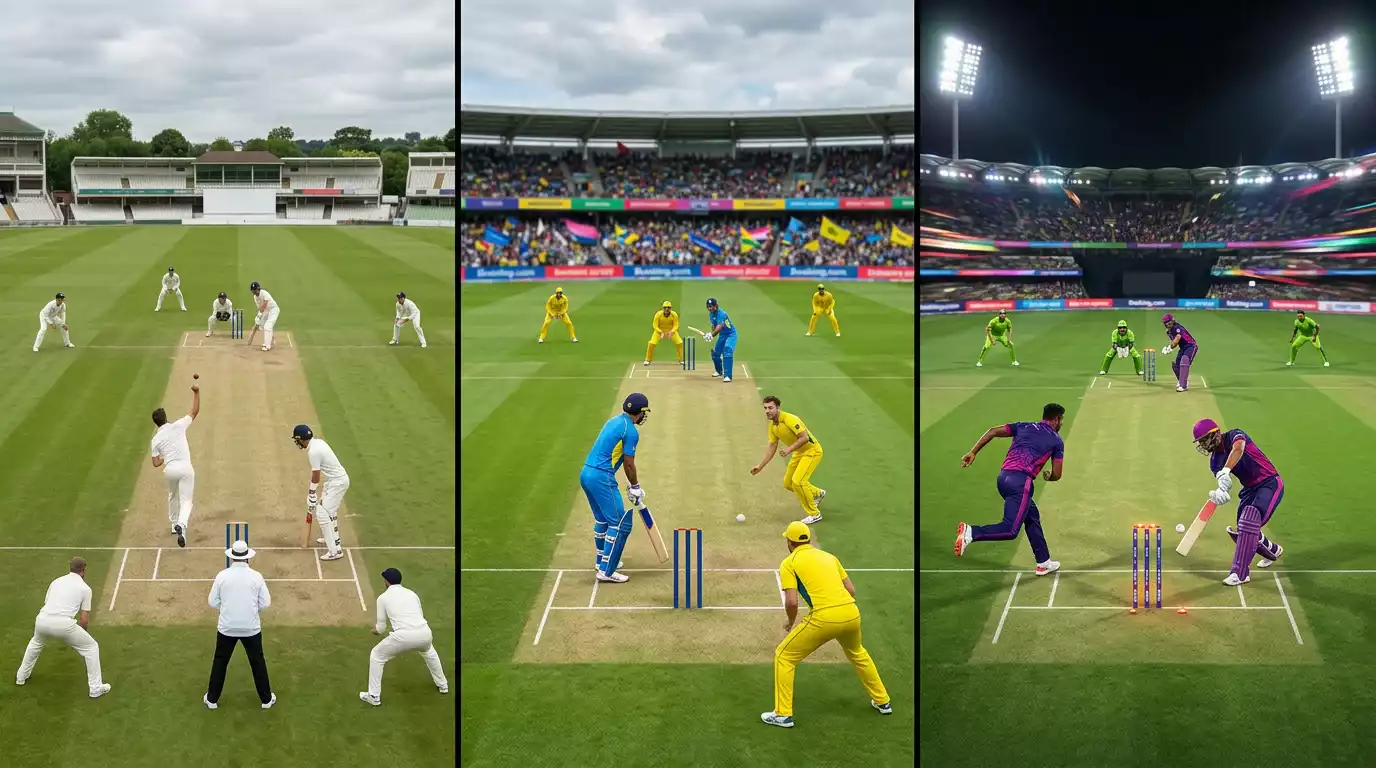 Drei Cricket-Spielformate im Vergleich: Test Cricket, ODI und T20 auf einem Rasenfeld