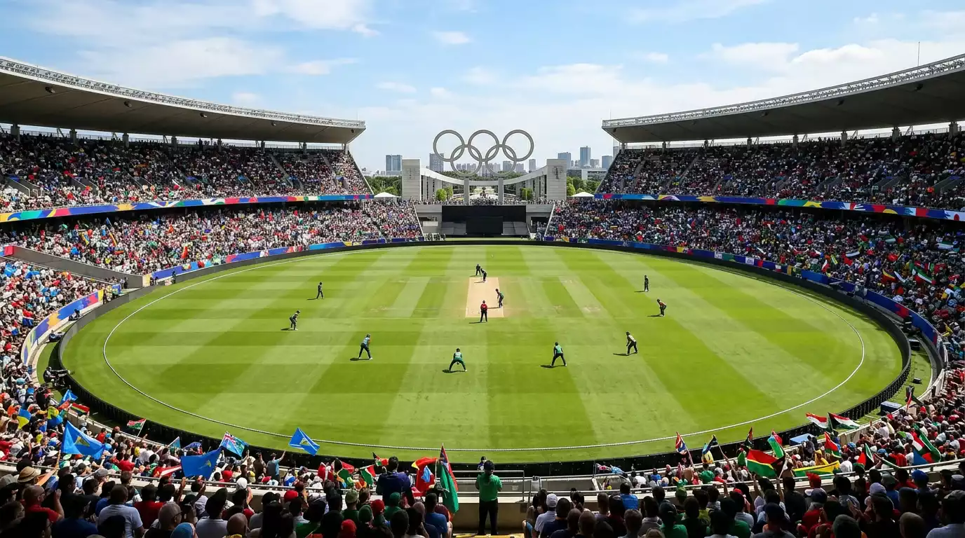 Cricket-Turnier-Kalender mit IPL-Stadion und olympischen Ringen für LA 2028