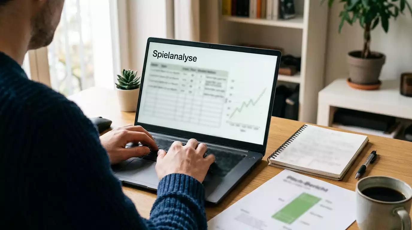 Person analysiert Cricket-Statistiken auf einem Laptop mit Notizblock und Pitch-Reports