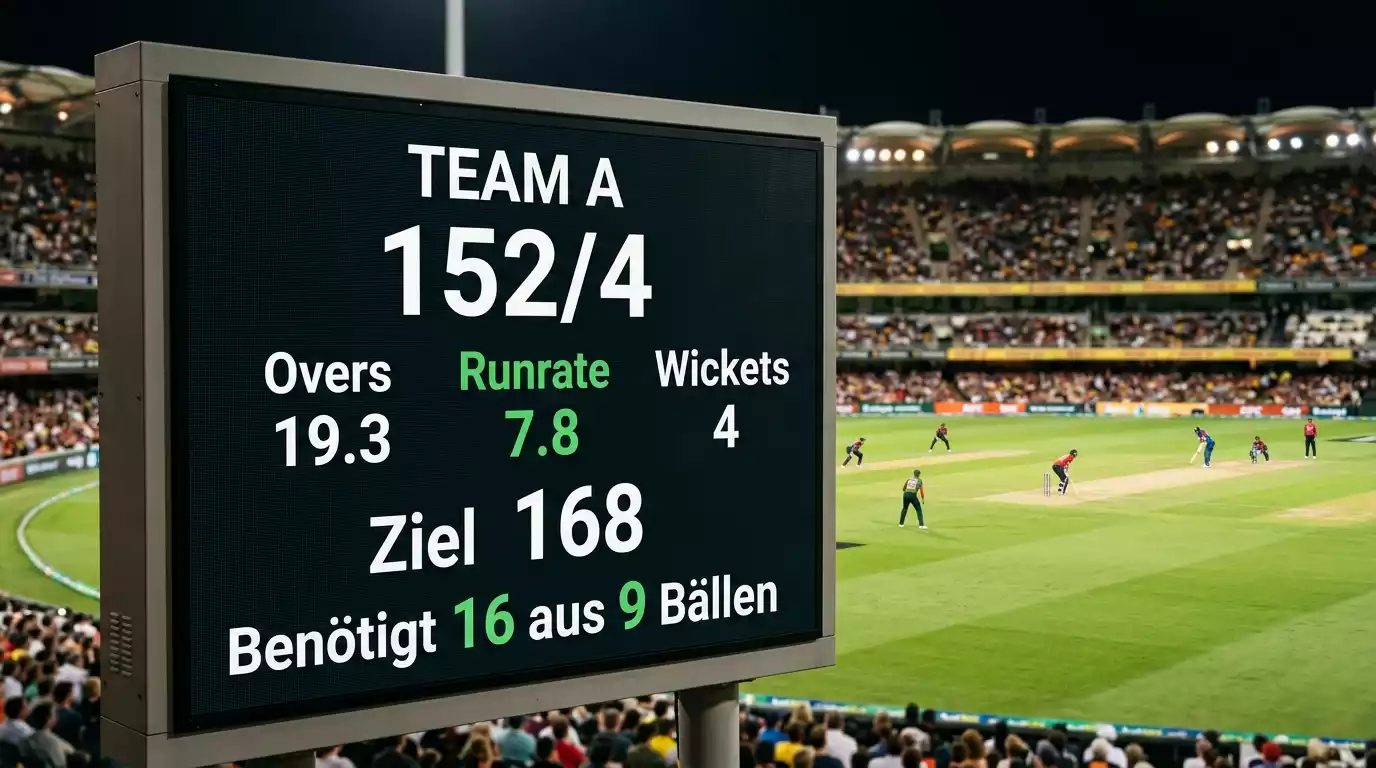 Cricket-Wettmärkte auf einer Anzeigetafel im Stadion mit Quoten für Top Batsman und Über Unter Runs