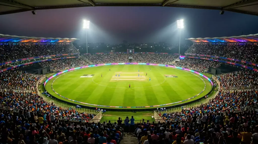 Cricketstadion bei einem T20-Franchise-Ligaspiel unter Flutlicht