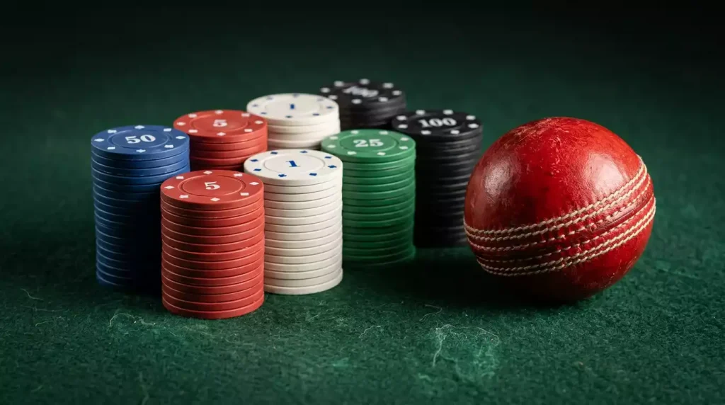 Stapel Wettchips neben einem Cricketball als Symbol für Bankroll Management