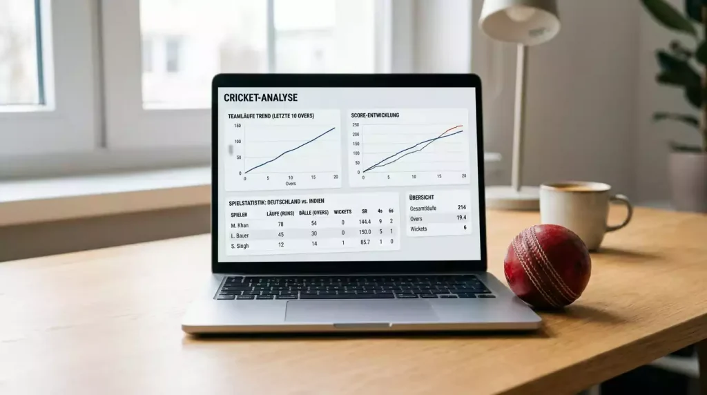 Laptop mit Cricket-Statistiken auf dem Bildschirm neben einem Cricketball