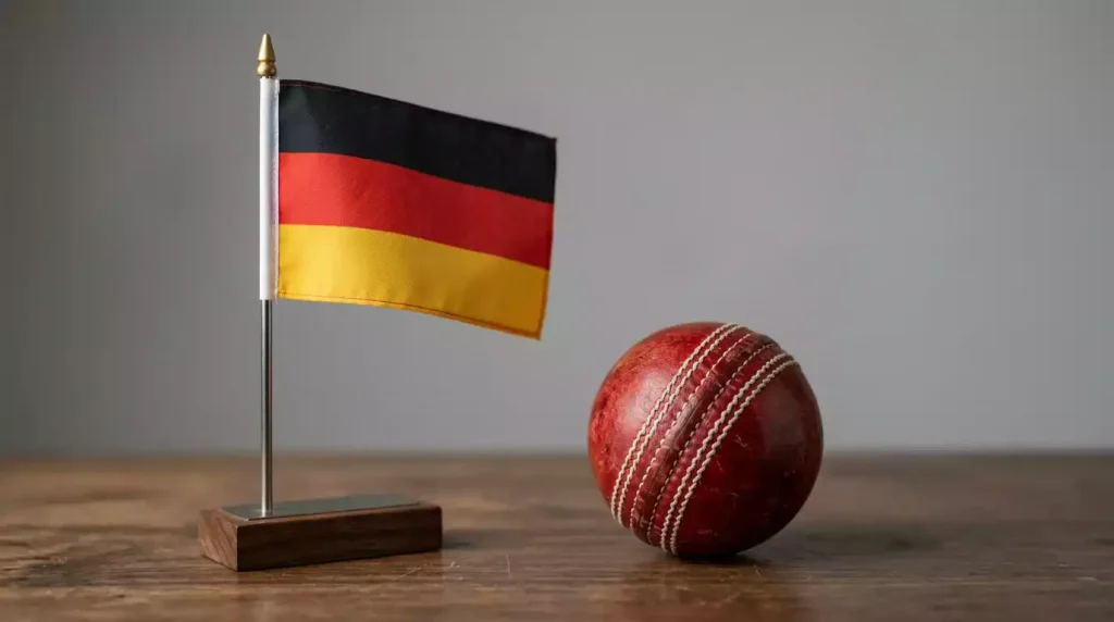 Deutsche Flagge neben einem Cricketball als Symbol für legale Cricket Wetten in Deutschland