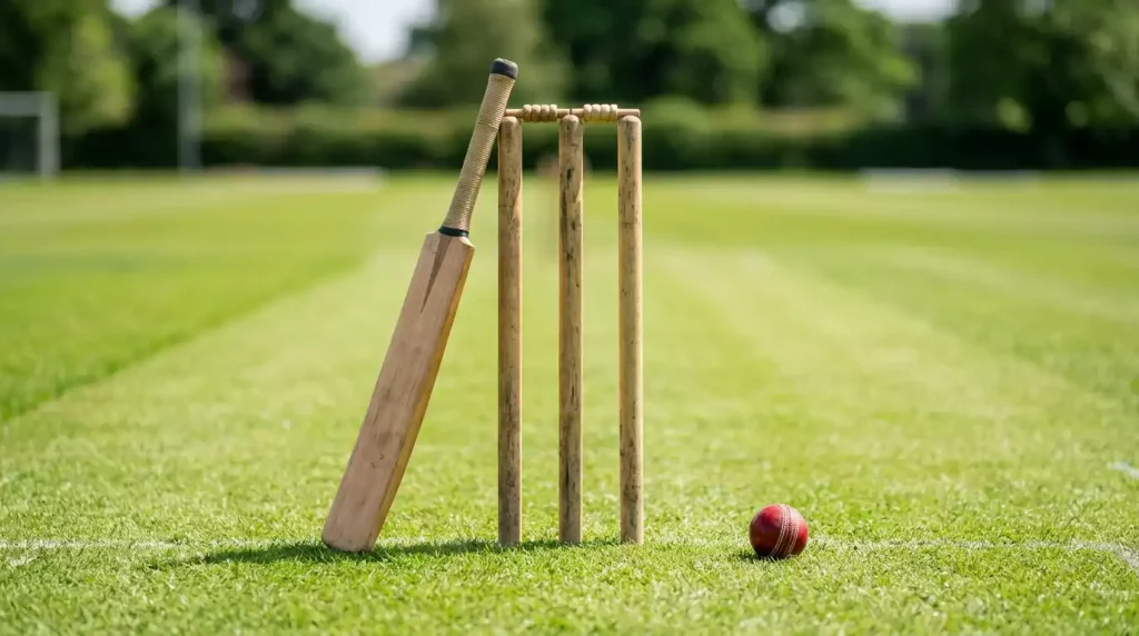 Cricketschläger und Ball auf einem grünen Spielfeld als Einstieg in Cricket Wetten