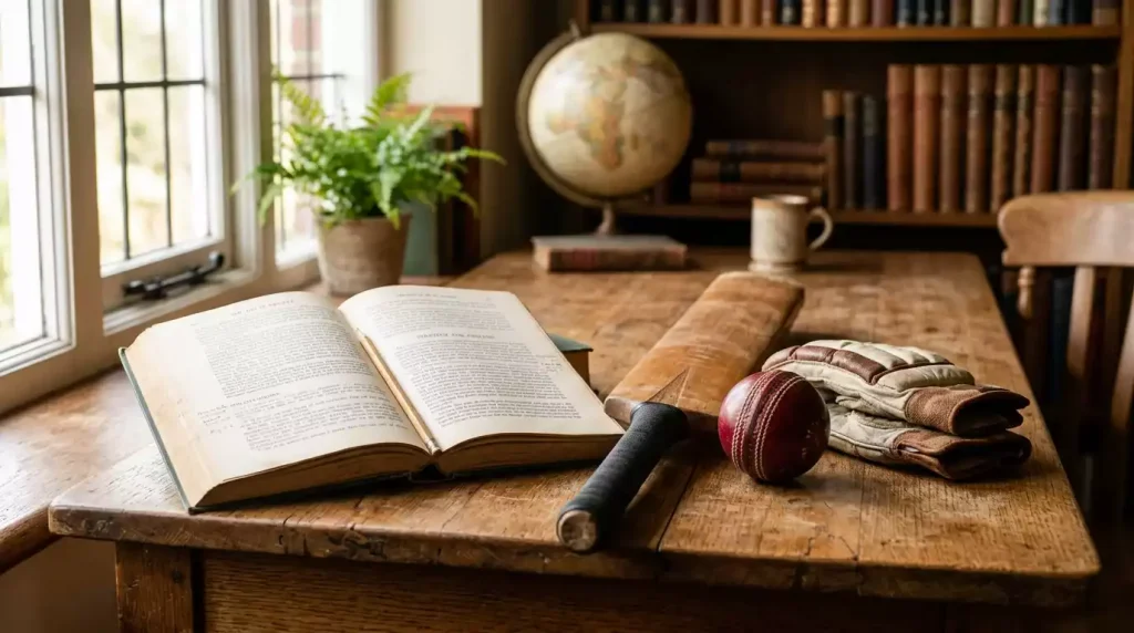 Aufgeschlagenes Buch neben Cricketausrüstung als Symbol für das Cricket Wetten Glossar