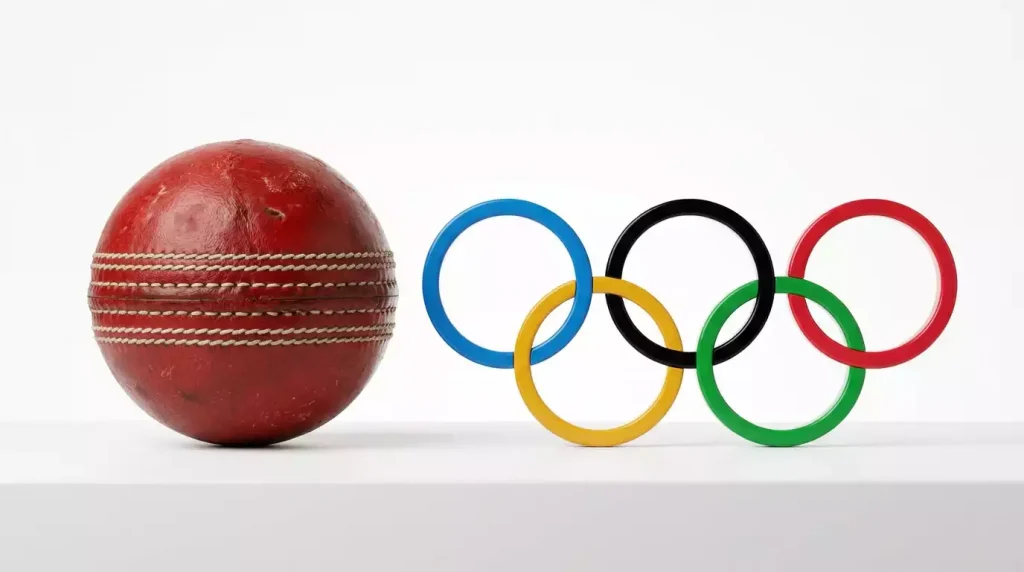 Cricketball vor olympischen Ringen als Symbol für Cricket bei Olympia 2028 in Los Angeles