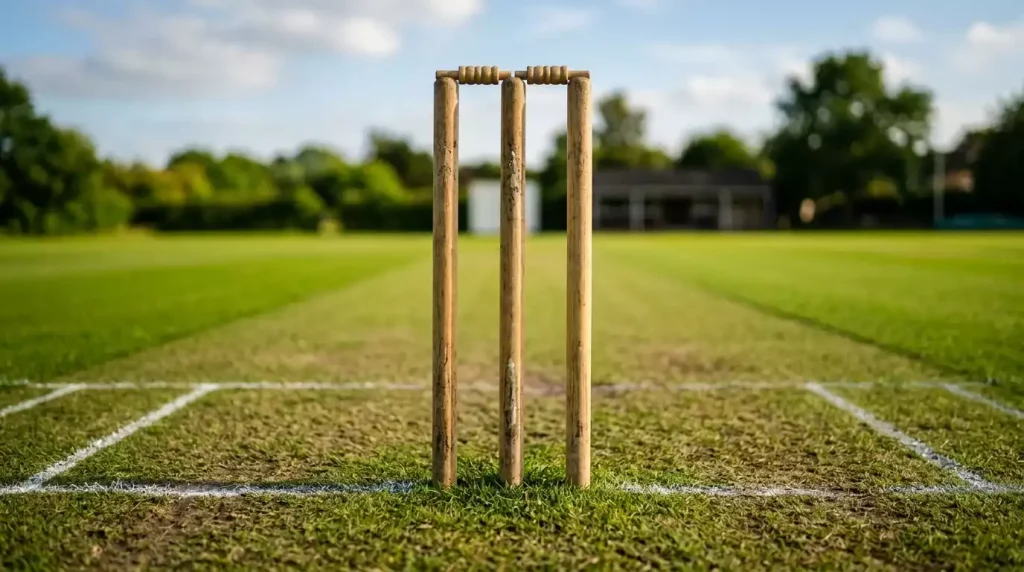 Cricketfeld mit Stumps und Pitch-Markierungen zur Veranschaulichung der Spielregeln