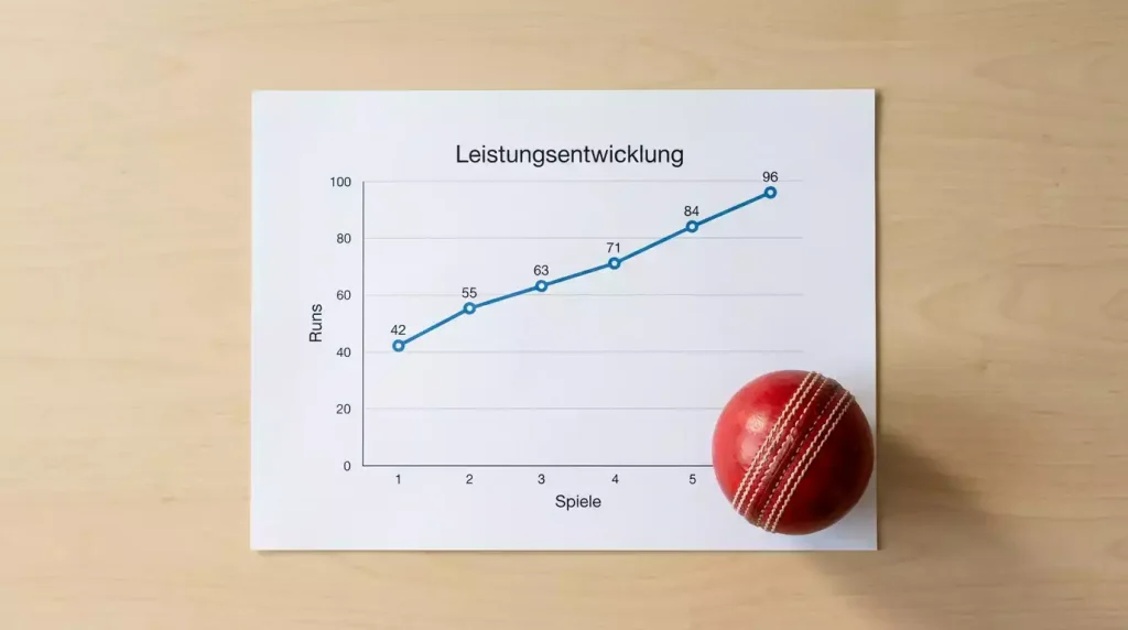 Diagramm mit Aufwärtstrend neben einem Cricketball als Symbol für ROI-Analyse