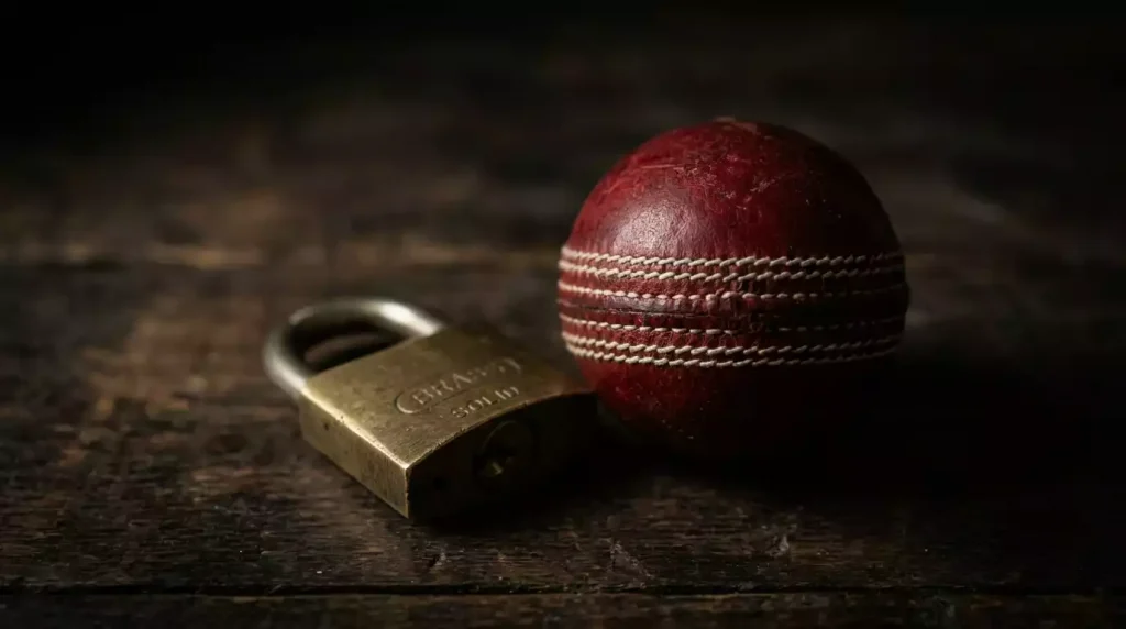 Geschlossenes Vorhängeschloss neben einem Cricketball als Warnung vor illegalen Wettanbietern