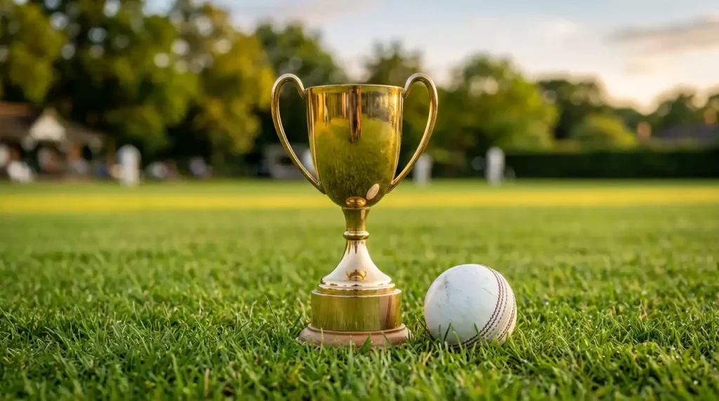 Cricketpokal neben einem weissen Ball auf grünem Rasen als Symbol für World Cup Wetten