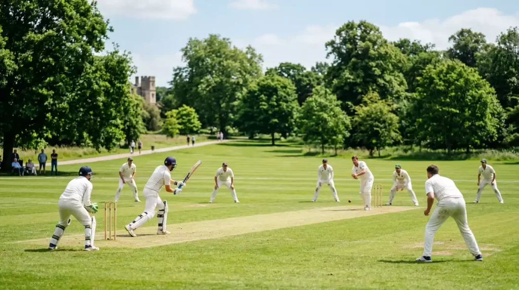 Cricketspiel auf einem deutschen Vereinsplatz mit Spielern in Teamtrikots