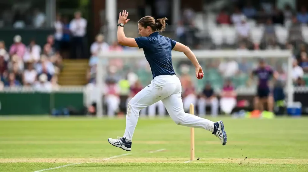 Cricketspielerin beim Bowling-Anlauf auf dem Spielfeld als Symbol für Frauen Cricket Wetten