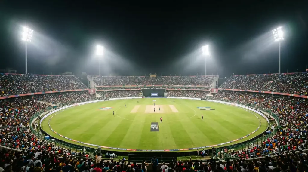 Cricketstadion bei Flutlicht während eines IPL-Spiels mit vollen Zuschauerrängen