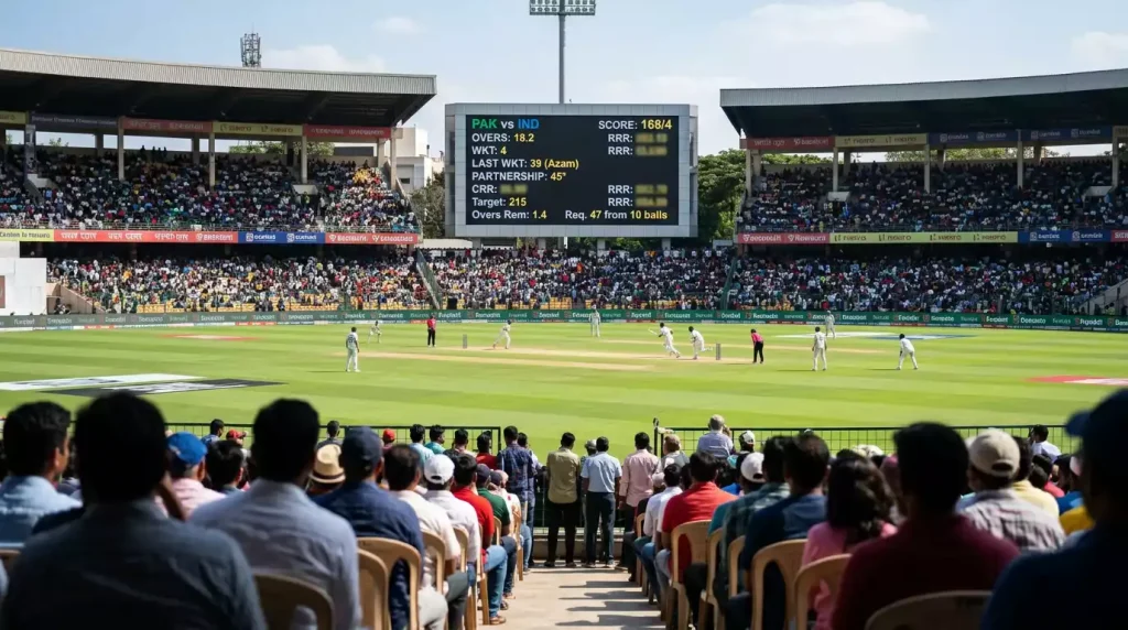 Cricket-Anzeigetafel mit Punktestand und Run Rate während eines Turnierspiels