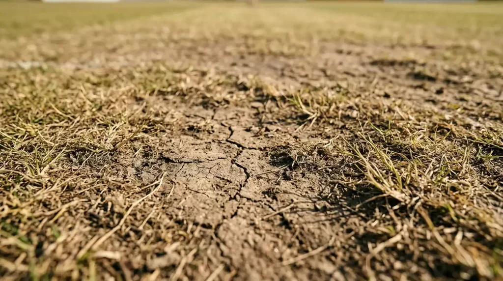 Nahaufnahme eines Cricket-Pitchs mit sichtbaren Rissen und Grasnarbe