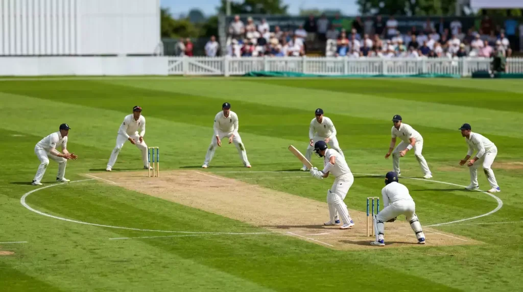 Cricketbatter beim aggressiven Schlag während des Powerplays mit nahen Feldspielern