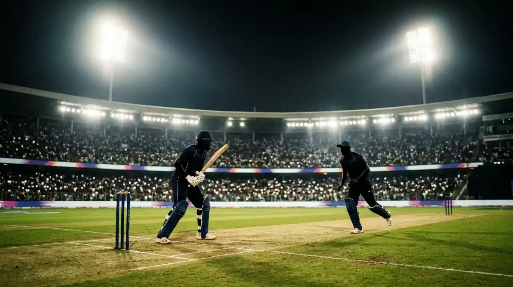 Cricketbatter und Bowler beim entscheidenden Super Over unter Flutlicht