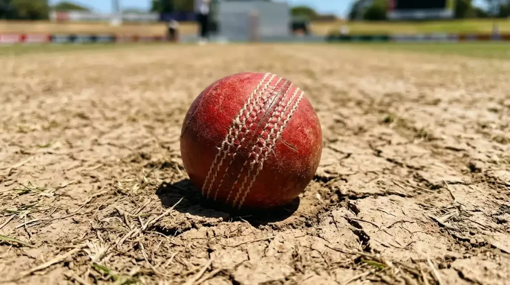 Cricketfeld bei Tageslicht mit roten Bällen auf gepflegtem Pitch für Test Cricket