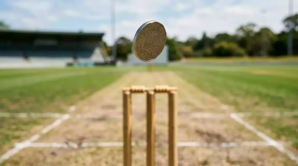 Münze in der Luft über einem Cricketfeld beim Toss vor Spielbeginn