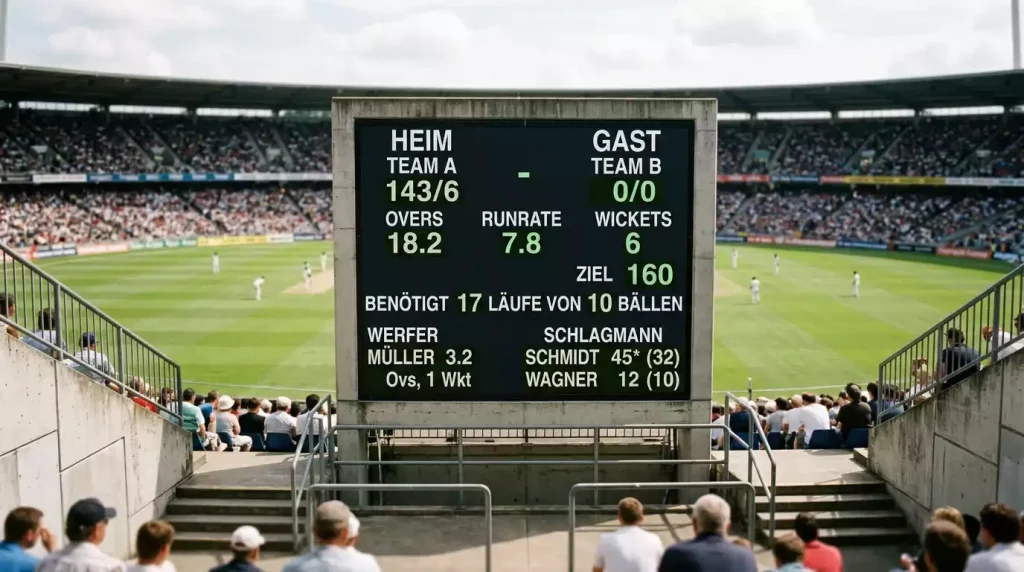 Cricketball auf einem Spielfeld neben einer Anzeigetafel mit Wettquoten